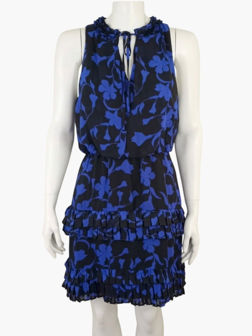 Laundry by Shelli Segal Blue Black Floral Chiffon Tiered Hem Dress Womens 6
